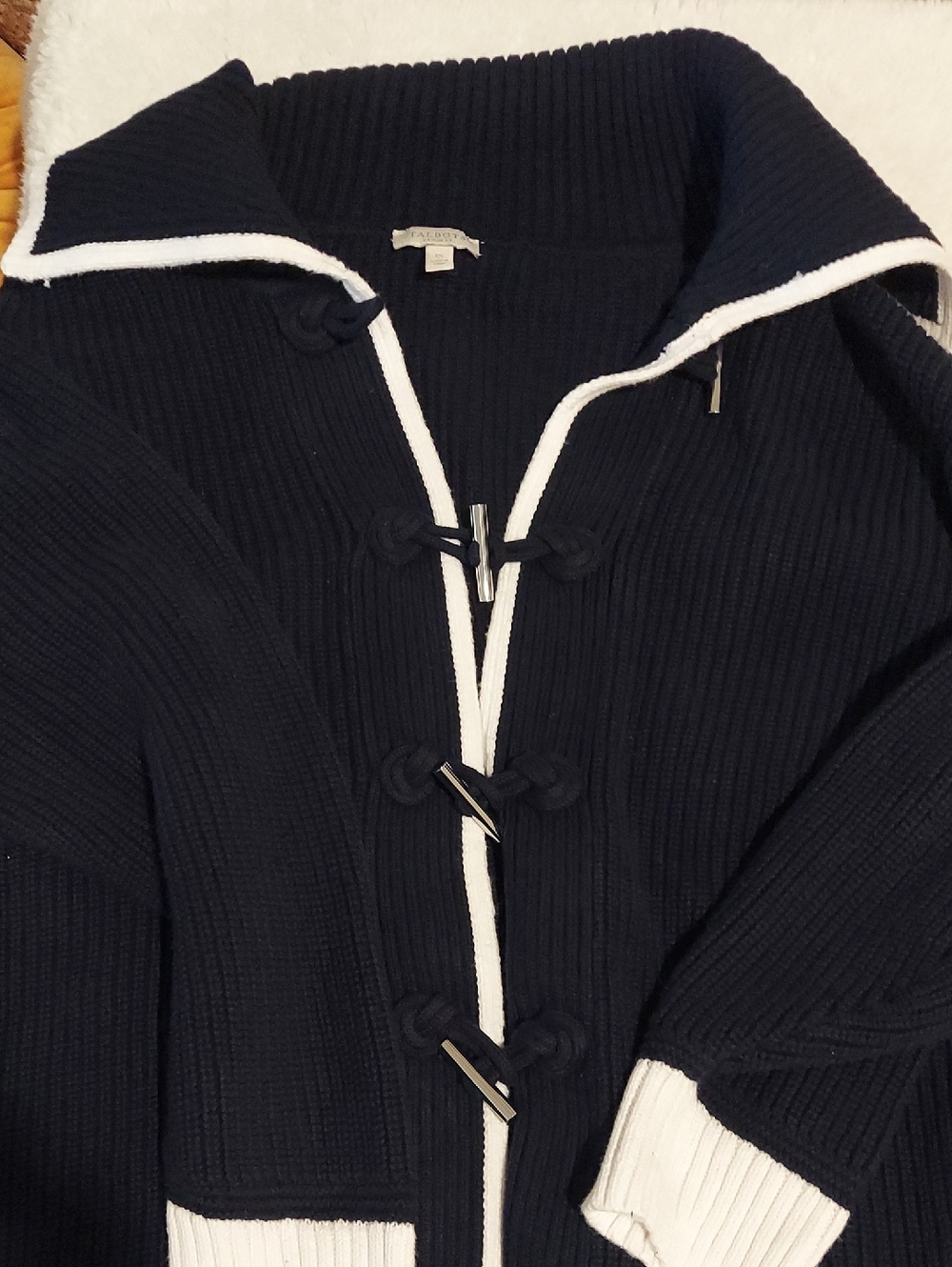 Talbots Navy Knit Toggle Cardigan with White Trim